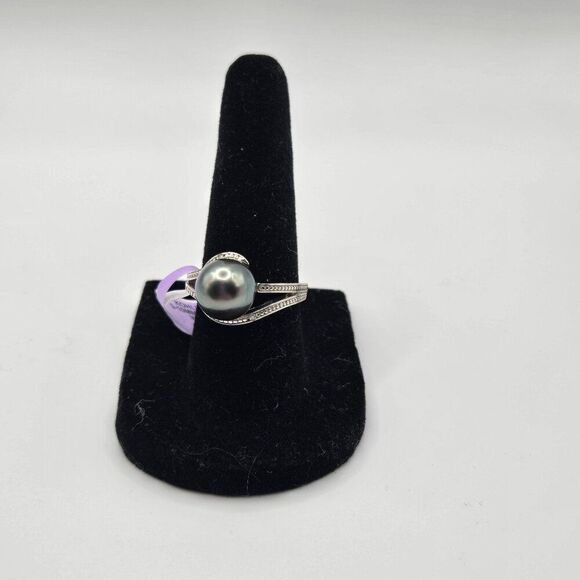 New Gray Tahitian Pearl Sterling Silver Rind Size 7 Diamond Accent 10mm - Picture 3 of 10